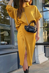 Street Solid Split Joint Slit Turtleneck Long Sleeve Two Pieces